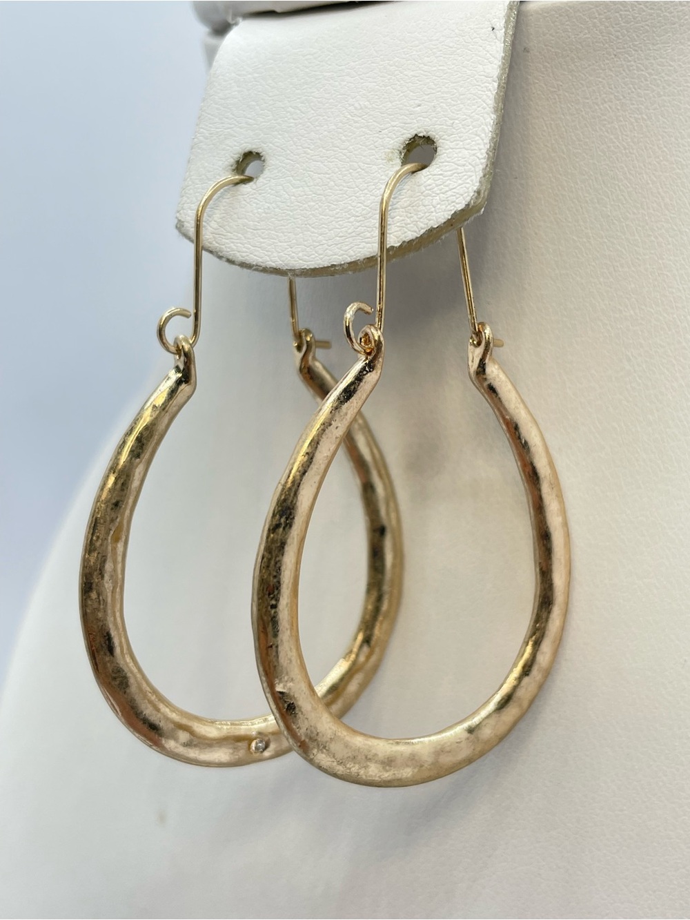 Gold Tone Hammered Hoop Earrings Large Oval Dangle Statement